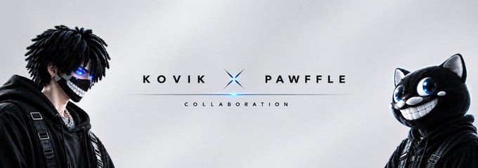 A promotional banner for a 'KOVIK x PAWFFLE COLLABORATION' features an anime-style character with blue eyes and a black cat character with a wide grin on either side.