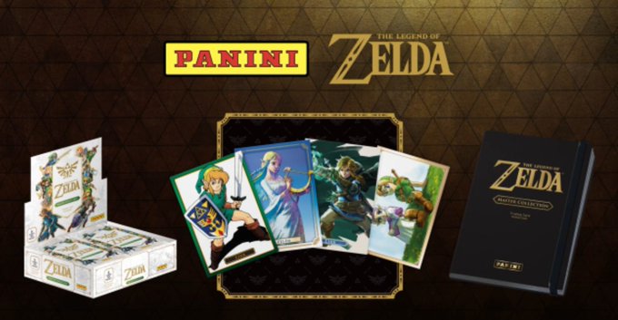 A promotional banner for Panini's 'The Legend of Zelda' trading card collection, featuring trading card boxes, character cards, and a Master Collector's binder.