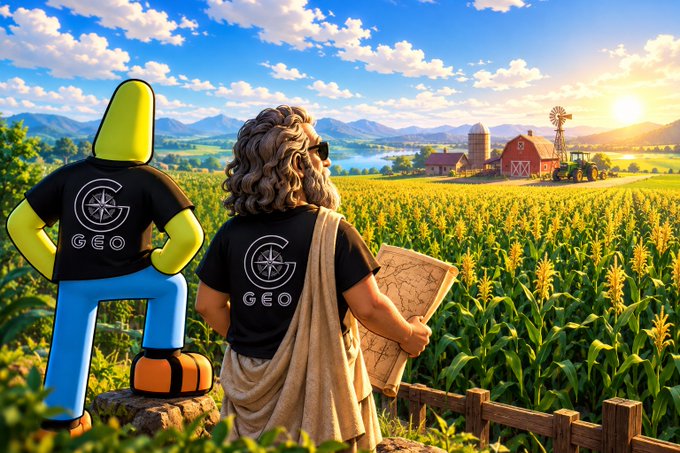 An illustrated scene shows a muscular character and a person with long hair, both wearing black shirts with a 'GEO' compass logo, standing in a cornfield overlooking a farm at sunset.