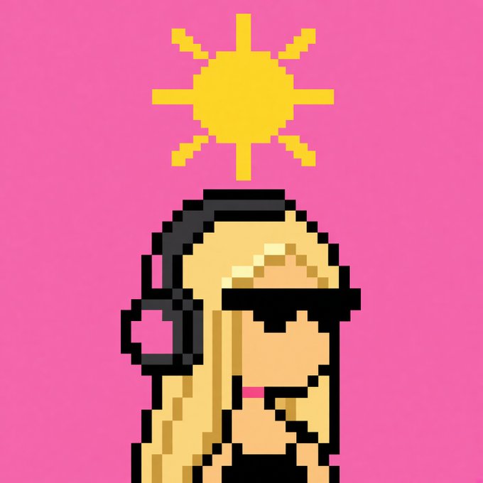 A pixel art illustration of a blonde woman wearing sunglasses with a yellow sun/star symbol above her head on a bright pink background.