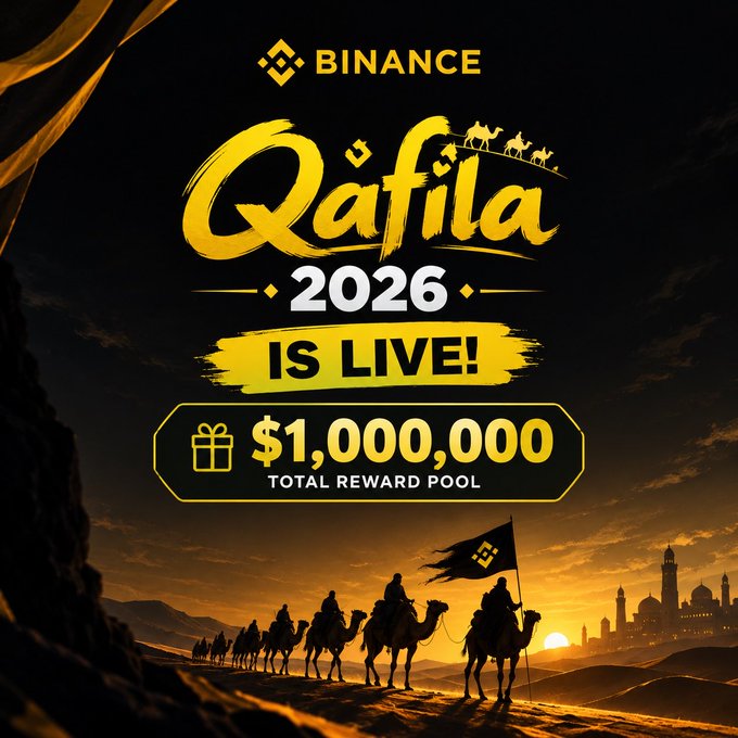 A promotional poster for Binance's 'Qafila 2026' event, announcing 'IS LIVE!' with a $1,000,000 total reward pool and camel caravan imagery.