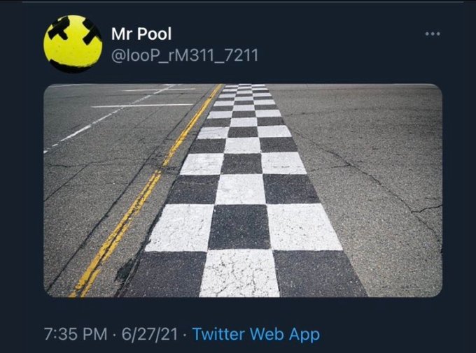 A tweet from Mr Pool (@looP_rM311_7211) posted on 6/27/21 shows a checkered starting line on a road, with the caption suggesting it symbolizes the crypto market being at the very beginning of its journey, poised for takeoff.