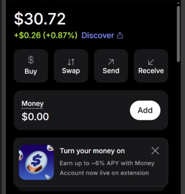 A crypto wallet screen shows a $30.72 balance, up $0.26 (+0.87%) with Discover, alongside Buy, Swap, Send, Receive, and a Money account. The image serves as evidence of the airdrop received from @BeldexCoin, though no specific token ticker is visible.