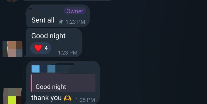 A chat interface screenshot showing a message exchange where a user replies to 'Good night' with 'Good night thank you' followed by a heart-hands emoji.