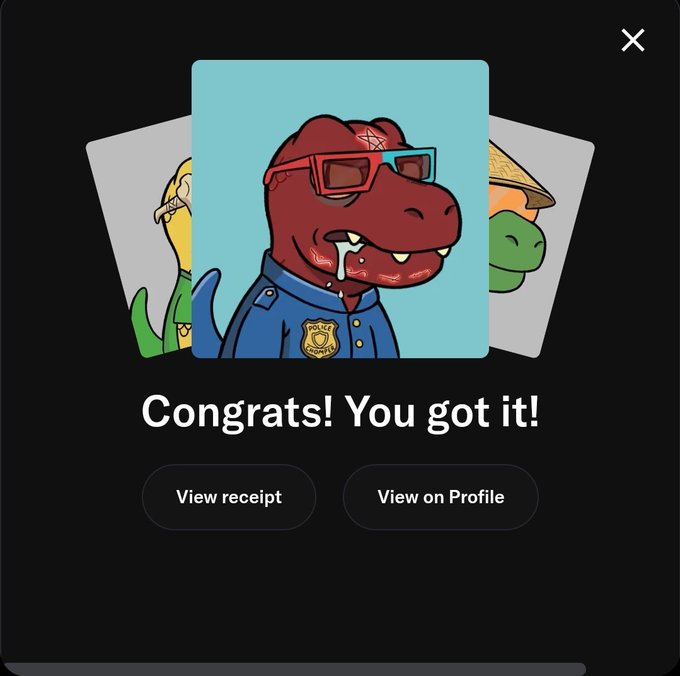 A dark-themed digital screen displays "Congrats! You got it!" above three trading card-style images of cartoon characters, with the central card featuring a T-Rex police officer character. The image relates to the post by showcasing an NFT minting success from @Chomperz_nft, featuring the dinosaur "Chomperz" character that the user is collecting.
