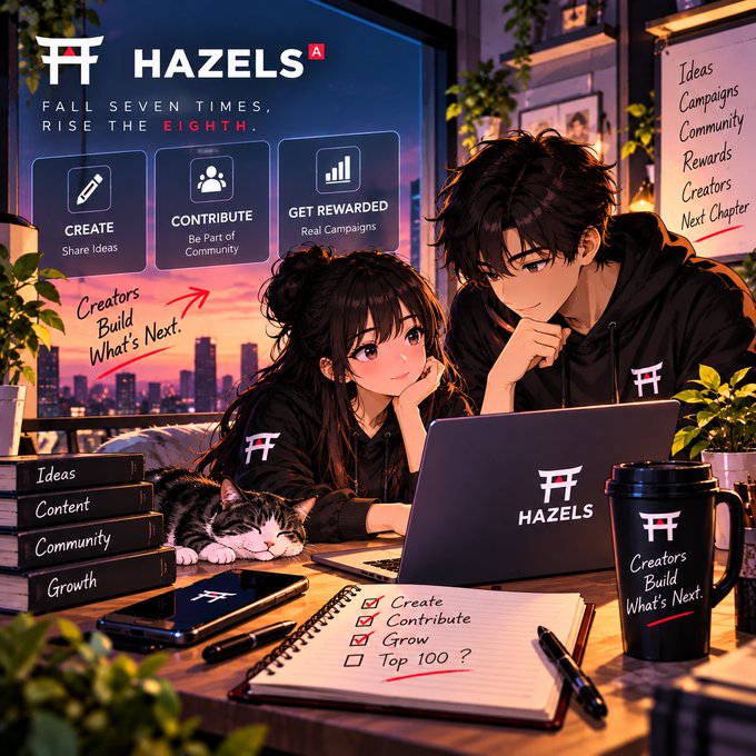 An anime-style promotional image for 'HAZELS' featuring a young couple at a desk with a laptop, notebook, and branded mug, with text including 'Fall seven times, rise the eighth,' 'Creators Build What's Next,' and options to Create, Contribute, and Get Rewarded.