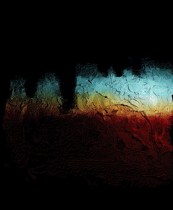 An abstract, textured image with a dark background and a colorful, pixelated rainbow-like gradient in red, yellow, and teal across the center.