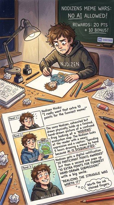 An illustrated comic-style image titled 'NODIZENS MEME WARS: NO AI ALLOWED!' shows a tired artist creating a Pepe meme for a 'FUNNIEST MEME' contest to earn 20 reward points and a 10 bonus.
