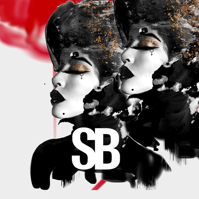 A stylized black-and-white digital artwork featuring two mirrored faces with closed eyes, dark lips, and patterned eyelids, accented by gold and red splashes, with the bold white letters "SB" prominently displayed in the center—representing "SOUL BRD LOVE," an early 2022 cryptoart piece created using the now-defunct DALLE-2 model and infused with Indian ink effects.