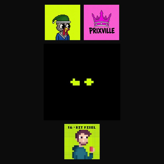A pixel art collage featuring an elf character, a "PRIXVILLE" crown logo, green pixel eyes on a black square, and a "16-BIT PIXEL" character portrait.