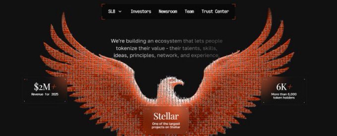 A website banner features a stylized red eagle made of pixelated data with the headline "Stellar" and text stating "We're building an ecosystem that lets people tokenize their value - their talents, skills, ideas, principles, network, and experience," showing $2M Reverse Tier 2025 and 6K+ token holders.