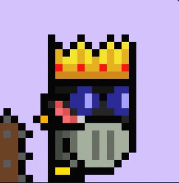 Pixel art of a black character wearing a gold crown with red gems, dark sunglasses, and a green outfit against a purple background.