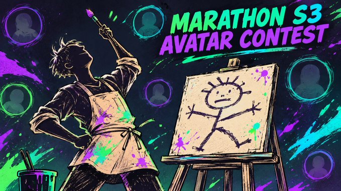 A vibrant promotional banner for the 'Marathon S3 Avatar Contest' featuring an illustrated artist painting a stick figure on an easel.