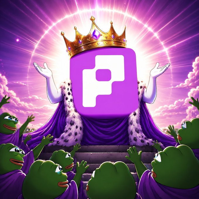 A digital illustration depicts a purple app icon adorned with a golden crown and purple robe, standing majestically with hands outstretched above a crowd of cheering green frog-like creatures in a heavenly pink cloudscape.
