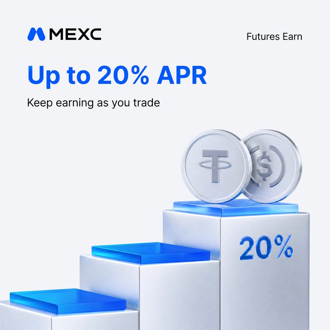 MEXC promotes its "Futures Earn" program with a promotional banner offering "Up to 20% APR" and the tagline "Keep earning as you trade," featuring 3D renderings of USDT and USDC coins stacked on blue pedestals marked with "20%." The image visually reinforces the post's message about earning yield on stablecoins ($USDT and $USDC) while actively trading futures on MEXC.