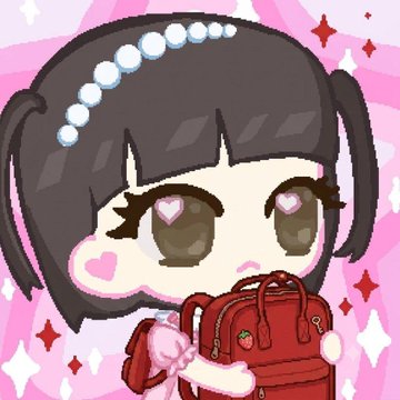A cute chibi-style anime character with heart-shaped eyes holding a red handbag against a pink sparkling background.