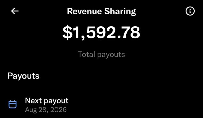 A mobile app screen displaying 'Revenue Sharing' with 'Total payouts' of '$1,592.78' and a 'Next payout' scheduled for 'Aug 28, 2026'.
