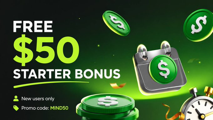 A promotional banner advertising a 'FREE $50 STARTER BONUS' with the promo code 'MIND50' for new users only, featuring 3D graphics of green dollar coins, a calendar, and a gift calendar icon on a green background.