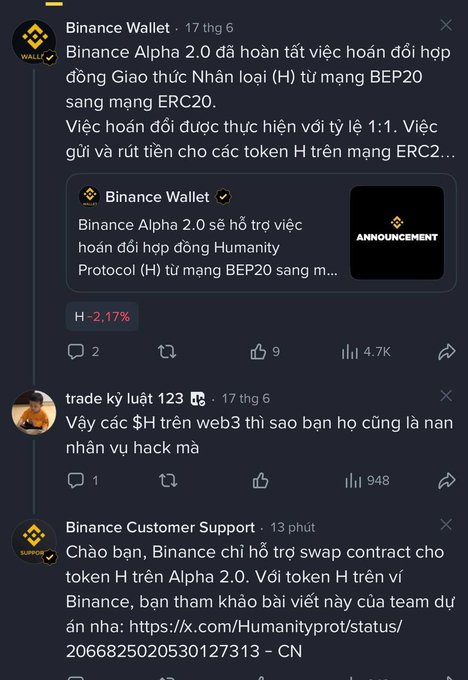 The image shows a black Twitter screen displaying multiple posts from users named "Binance Wallet" and others, including one that says "#Accounts". There are also three posts visible on the left side of the screen. The main focus should be on the post about a cryptocurrency called Binance Wallet.