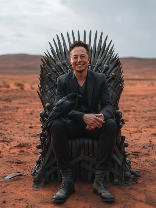 A digitally edited image of Elon Musk smiling while seated on a throne made of swords in a desert landscape, with a black crow on his arm.