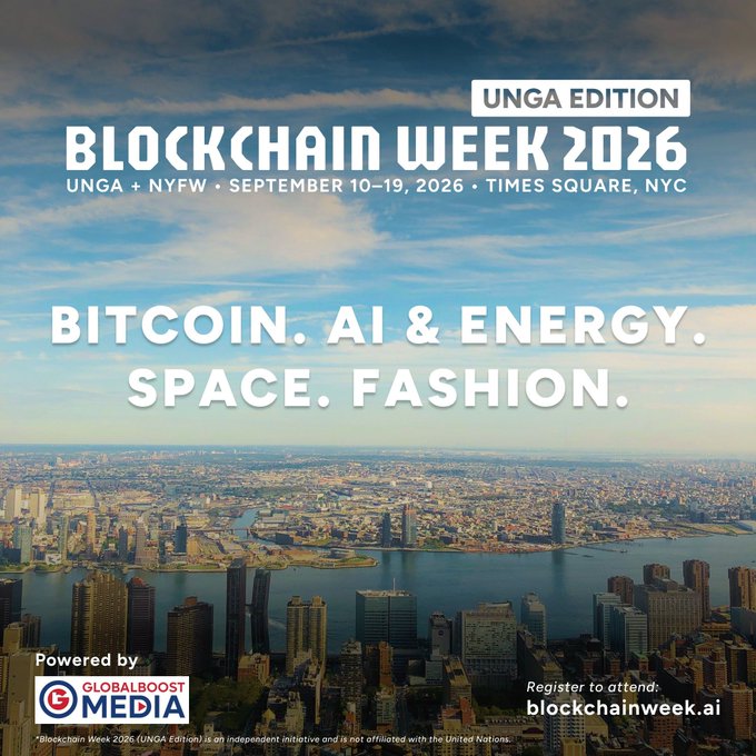 Promotional poster for 'Blockchain Week 2026' (UNGA Edition), taking place September 10-19, 2026 in Times Square, NYC, featuring themes of 'Bitcoin, AI & Energy, Space, Fashion' against a cityscape backdrop.