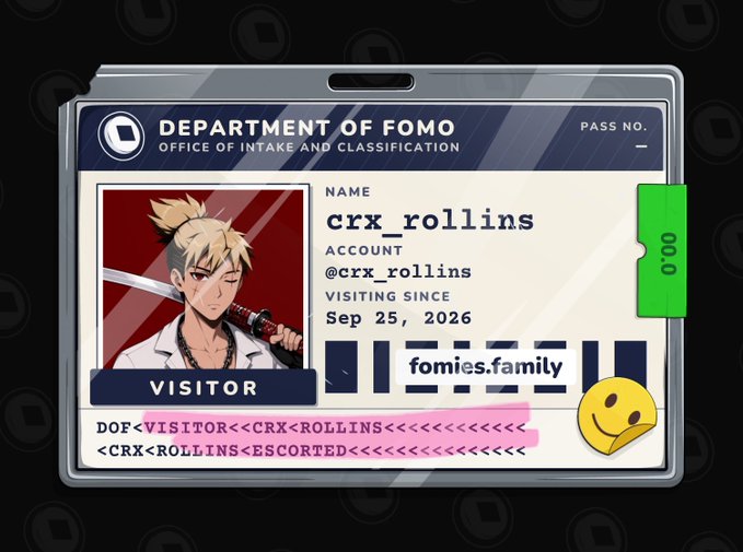 A 'Department of FOMO' visitor ID badge for user 'crx_rollins' from 'fomies.family' featuring an anime-style character with blonde hair and a sword, marked as a Visitor.