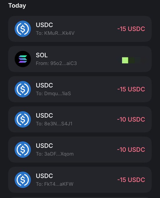 A cryptocurrency transaction history shows today's outgoing transfers of USDC in amounts like -15 USDC, -10 USDC, and -10 USDC to various wallet addresses, along with an incoming SOL transfer from "95o2...aiC3." The screenshot serves as proof of recent token distributions to multiple tagged recipients mentioned in the post.