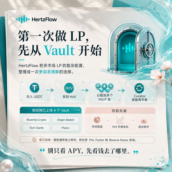 The image is a HertzFlow promotional graphic introducing their new "Vault" feature for first-time LPs, showing a flow of depositing USDT to receive HzV, which is then distributed across multiple HzLP pools with Curator strategy rebalancing. The graphic highlights four available testnet Vaults (Bluechip Crypto, Degen Basket, Tech Giants, Macro) and emphasizes "don't just look at APY, look where the money went," directly supporting the post's theme of making LP participation simpler for newcomers.