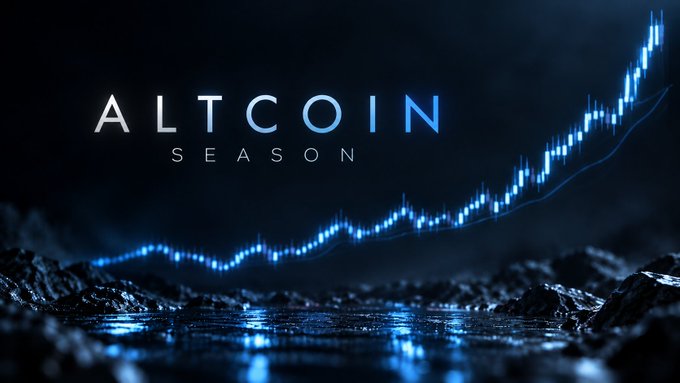 A dark blue promotional image displaying 'ALTCOIN SEASON' in stylized text alongside an ascending line graph with glowing candlestick chart elements rising over a rocky, water-reflecting landscape.