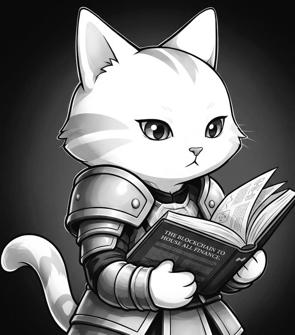 The image portrays a white cat wearing a medieval knight's outfit while holding an open book. The cartoon cat appears to be reading from a book or browsing content on a screen, possibly related to finance or a similar topic. It seems like the artist is trying to create a humorous and imaginative scene that incorporates elements of a cat taking over the role of a human in a financial context.