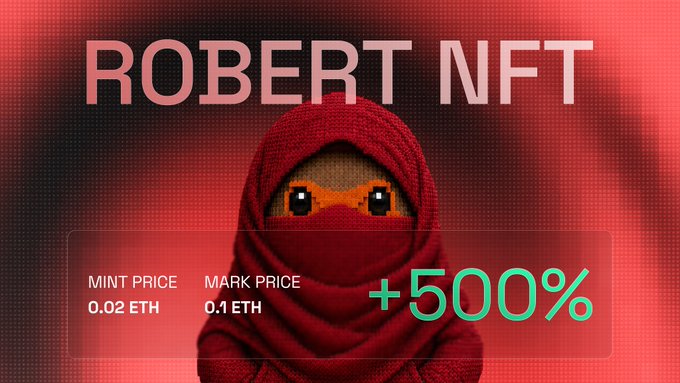This image displays "ROBERT NFT" along with a character wearing a red hood and mask, and details about its mint price (0.02 ETH), mark price (0.1 ETH), and a significant +500% increase in value. This visually represents the concept of NFTs and their potential for growth.