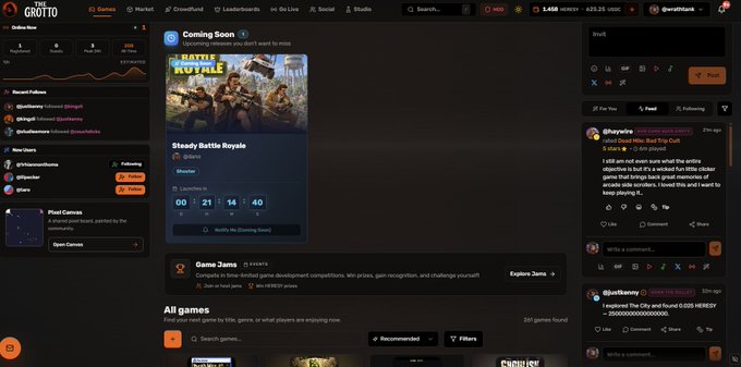 Screenshot of the Grottoplay web platform showing various game listings, social feed posts, and navigation menu with 'Steady Battle Royale' featured.