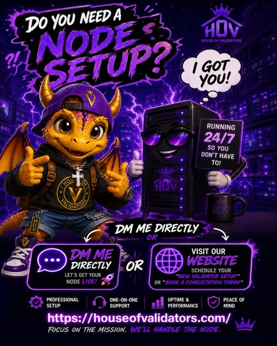 A vibrant promotional graphic for "House of Validators" (HOV) features a purple dragon mascot and a sunglasses-wearing server tower, with bold text asking "Do you need a NODE SETUP?" and a speech bubble declaring "I got you! Running 24/7 so you don't have to!" The ad directs viewers to DM directly or visit houseofvalidators.com to schedule a node setup or consultation, highlighting benefits like professional setup and one-on-one support.