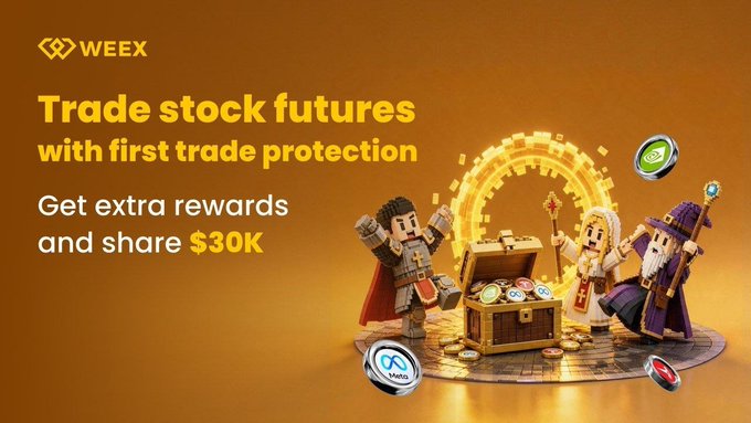 The image shows a poster for Trade Stock Futures with a focus on "first trade protection" that provides an opportunity to get extra rewards and share 30,000 gold coins as part of gameplay. The text in the poster emphasizes getting the first trade protection advantage and the associated benefits it can provide players, such as increased rewards and shared resources. This encourages users to participate actively and engage with the trading market related topics discussed outside the crypto sphere.