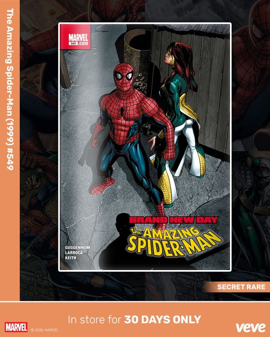 Marvel comic cover for 'The Amazing Spider-Man (1999) #549 - Brand New Day' featuring Spider-Man and a female character in a green and yellow outfit, labeled as a 'SECRET RARE' digital collectible available on Veve for 30 days only.
