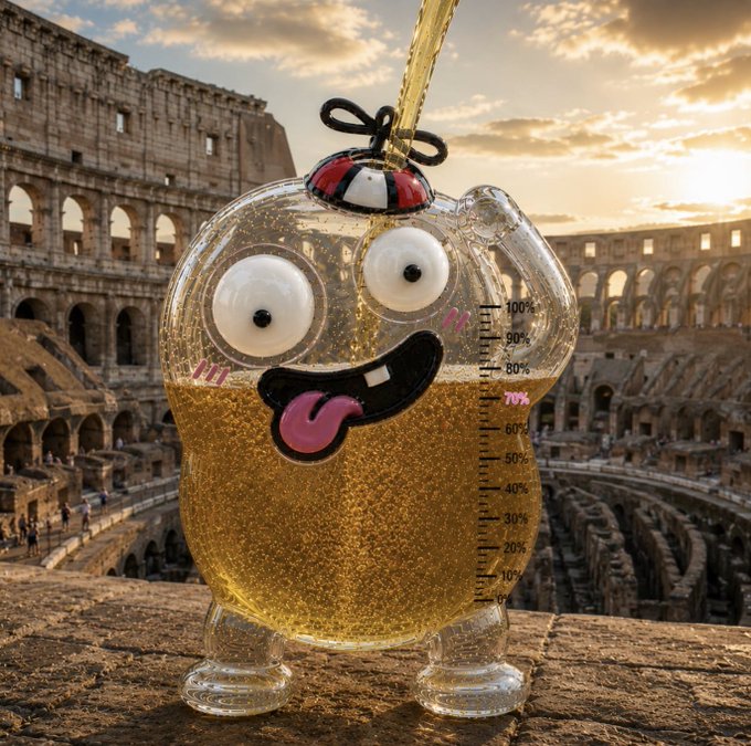 A novelty resin figurine shaped like a glass beaker of golden liquid—with cartoon eyes, a red bow, and a tongue sticking out—is being filled from above, set against the backdrop of the Roman Colosseum at sunset. A built-in gauge marks the fill level, with the liquid nearing the 70% line, matching the "$PEE" token claim that 70% has been minted at peeb20.xyz.