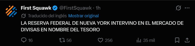 The image shows a Spanish-translated tweet from "First Squawk" (@FirstSquawk) stating that the New York Federal Reserve intervened in the currency market on behalf of the Treasury, with 16 replies, 56 retweets, 256 likes, and 35K views. The tweet relates to the accompanying post "Bitcoin esta barato gente" by suggesting that currency market intervention by the Fed could signal economic instability that might make Bitcoin an attractive investment opportunity at its current price.