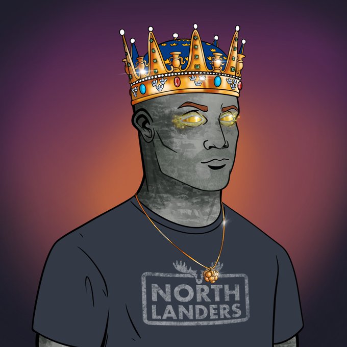 A digital illustration of a grey-skinned figure wearing a gold crown with jewels, gold eyes, and a 'NORTH LANDERS' t-shirt.