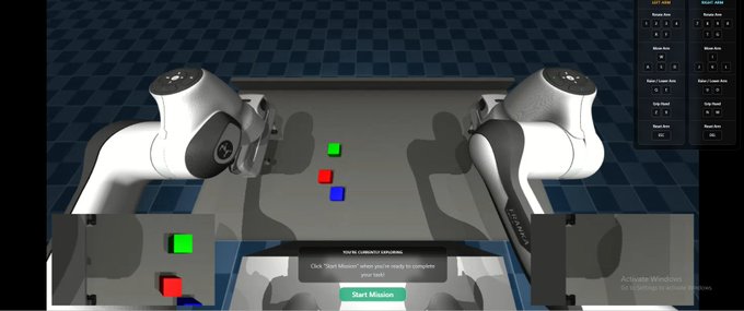 A robotics simulation interface shows two white robotic arms positioned over colored blocks (green, red, blue) on a workspace, with a 'Start Mission' button and menu controls visible on the right.