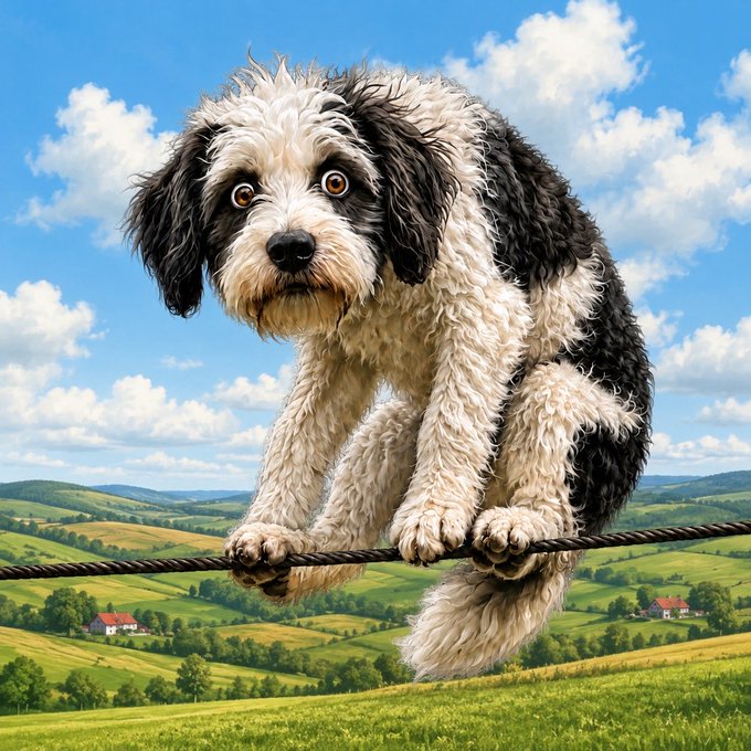 A shaggy black-and-white dog perches tensely on a tightrope with a dramatic countryside backdrop, visually echoing the precarious "tightrope" feeling of the post promoting a DOWA NFT mint on OpenSea.