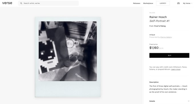 The image features a white webpage with a black and white photo of a man sitting next to a bookshelf. The caption below the image reads "gm iCONS Excited to announce my first mint of 2026 is live on @verse_works Self-Portrait #1 BIG shout out to @EternoGallery Show is open in Lisbon, go see if you are in town".