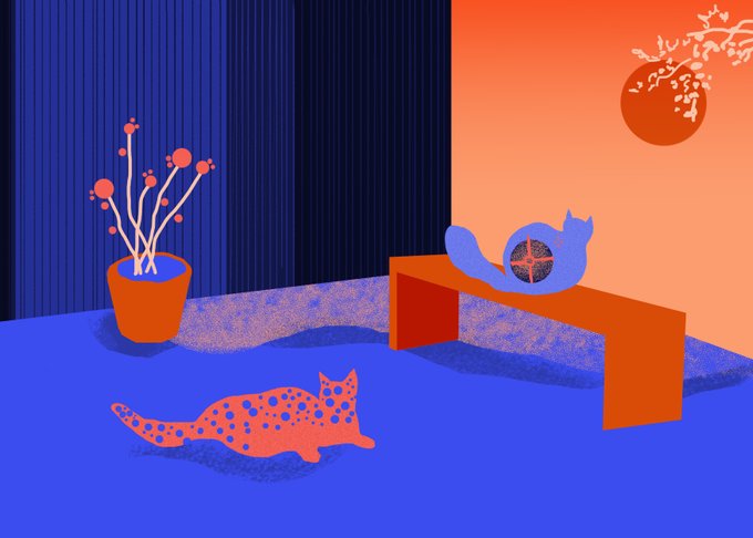 A stylized digital illustration depicts a room with blue and orange walls, featuring a red spotted cat on a rug and a blue cat resting on a bench.