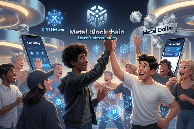 A promotional graphic for Metal Blockchain featuring 'XPR Network' and 'Metal Dollar' (XMD) with 'MetalPay' and 'WebAuth' phone displays, showing diverse animated characters cheering.