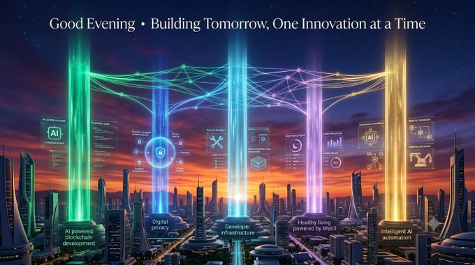 A digital graphic titled "Good Evening • Building Tomorrow, One Innovation at a Time" depicting a futuristic cityscape with colorful holographic interfaces representing AI, digital privacy, blockchain, healthy living, and automation.