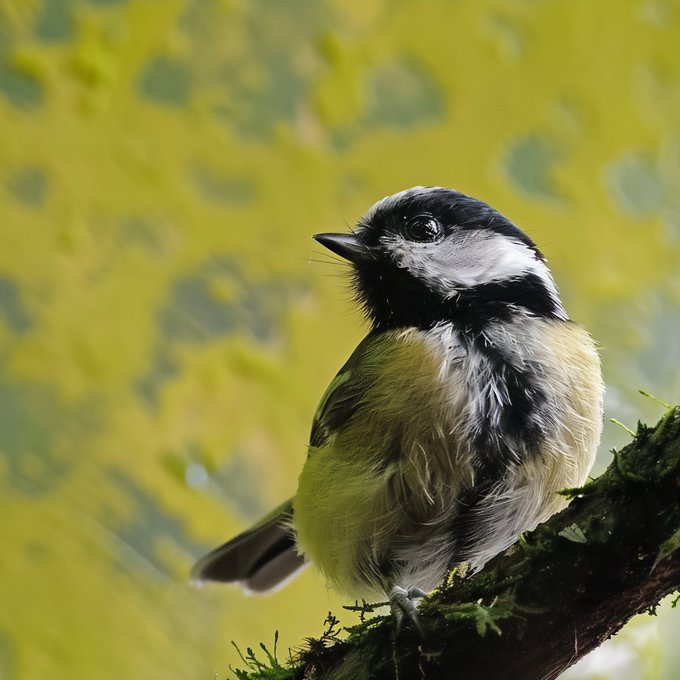A Great Tit perches alertly on a moss-covered branch against a vibrant yellow-green backdrop, its fluffy yellow belly and distinctive black-and-white head plumage on full display. The image captures the charming character of this beloved UK garden bird, matching the post's description of them as "charismatic little fluffballs."