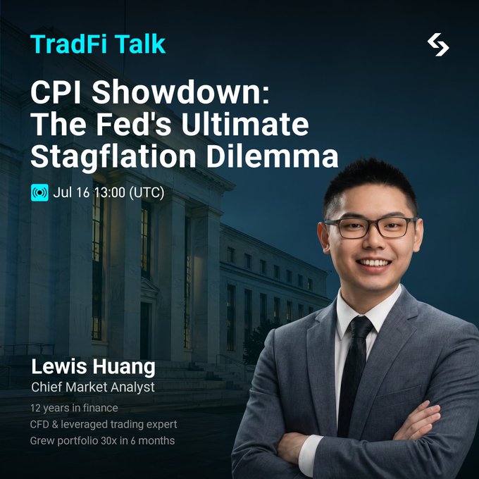 The image is a promotional graphic for "TradFi Talk" featuring a segment titled "CPI Showdown: The Fed's Ultimate Stagflation Dilemma," scheduled for July 16 at 13:00 UTC. It shows Lewis Huang, Chief Market Analyst with credentials in finance, CFD, and leveraged trading, set against a backdrop of what appears to be the Federal Reserve building.

The image relates to the post by announcing an upcoming live broadcast where viewers can tune in and participate in a $1,000 giveaway by following, liking, retweeting, and sharing a screenshot of themselves watching the broadcast, with 20 winners to be selected.