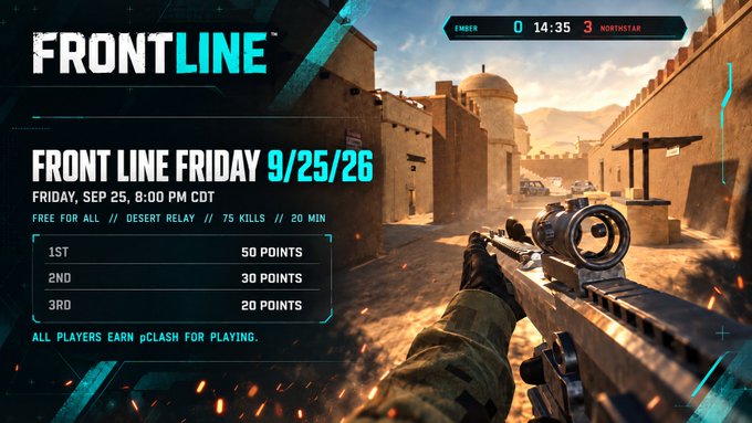 A video game event poster for 'FRONT LINE FRIDAY 9/25/26' at 8:00 PM CDT, featuring a desert map and point rewards for 1st, 2nd, and 3rd place.