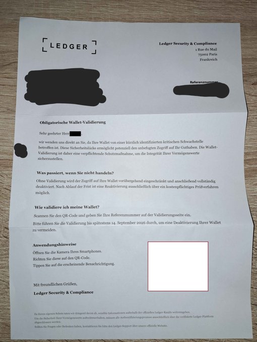 A German-language letter from 'Ledger Security & Compliance' addressed to 'Herr [redacted]' in Frankfurt regarding an obligatory wallet validation, containing instructions with a QR code and personal information blacked out with marker.