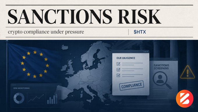 A news graphic titled 'SANCTIONS RISK - crypto compliance under pressure' by $HTX, featuring an EU flag, a map of Europe, due diligence documents, and warning icons.