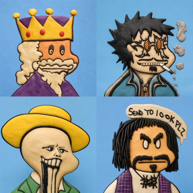 Four cartoon character drawings in a clay or sculpted style, including a king, a tough guy smoking, a man in a yellow hat grinning, and a man with dreadlocks and a speech bubble reading 'SEND TO 100K PLZ'.